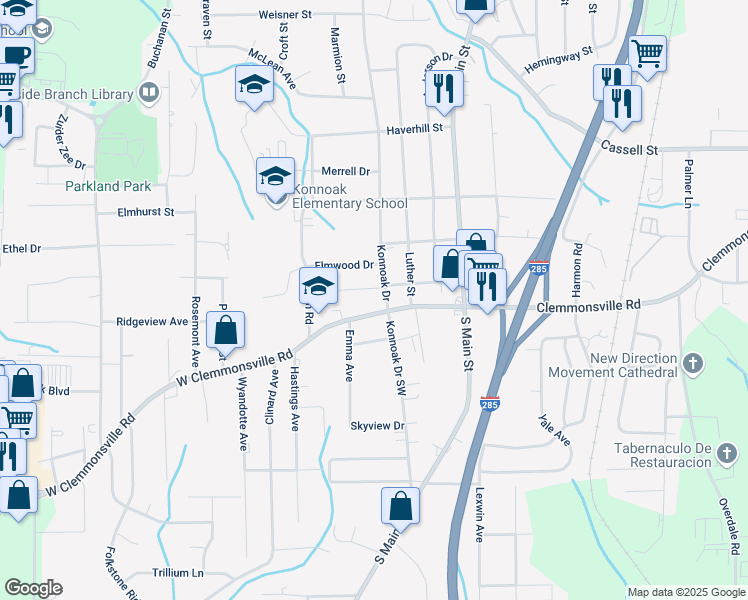 map of restaurants, bars, coffee shops, grocery stores, and more near 3514 Konnoak Drive in Winston-Salem