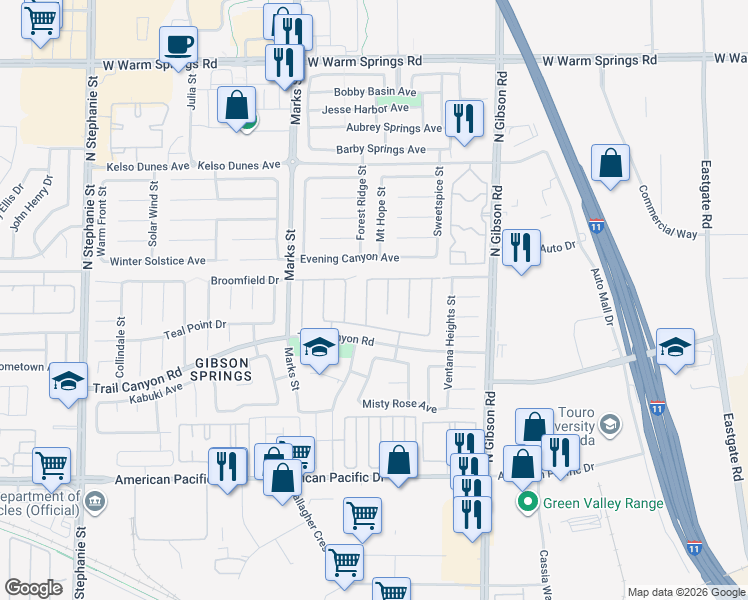 map of restaurants, bars, coffee shops, grocery stores, and more near 271 Prudence Court in Henderson