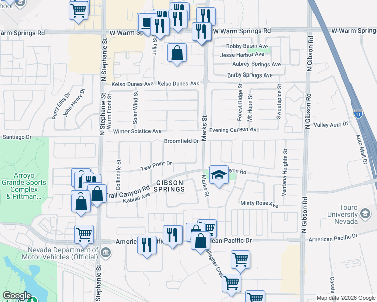 map of restaurants, bars, coffee shops, grocery stores, and more near 267 Daisy Gold Court in Henderson
