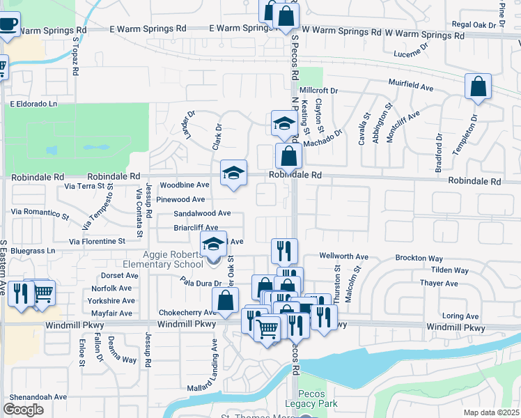 map of restaurants, bars, coffee shops, grocery stores, and more near 2646 Ridgewater Circle in Henderson