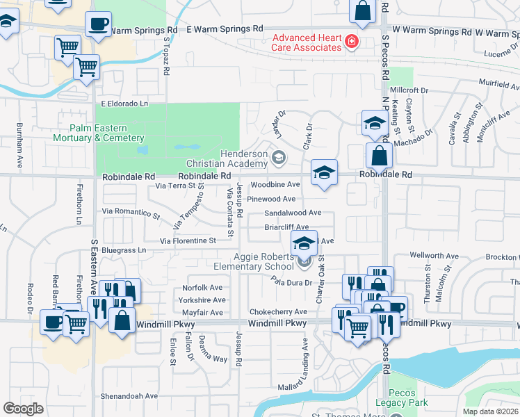 map of restaurants, bars, coffee shops, grocery stores, and more near 2752 Sandalwood Avenue in Henderson