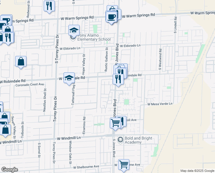 map of restaurants, bars, coffee shops, grocery stores, and more near 7760 South Coronado Island Street in Las Vegas