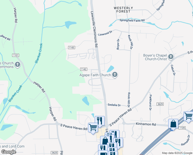 map of restaurants, bars, coffee shops, grocery stores, and more near 6815 Hanesbrook Circle in Clemmons