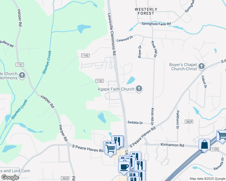 map of restaurants, bars, coffee shops, grocery stores, and more near 2124 Weststone Road in Clemmons