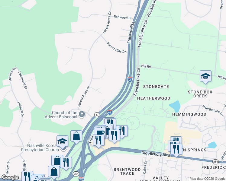 map of restaurants, bars, coffee shops, grocery stores, and more near 5429 Franklin Pike in Nashville