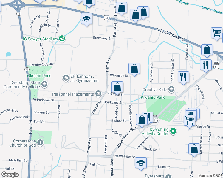 map of restaurants, bars, coffee shops, grocery stores, and more near 1613 Parr Avenue in Dyersburg