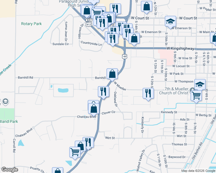 map of restaurants, bars, coffee shops, grocery stores, and more near 911 Linwood Drive in Paragould