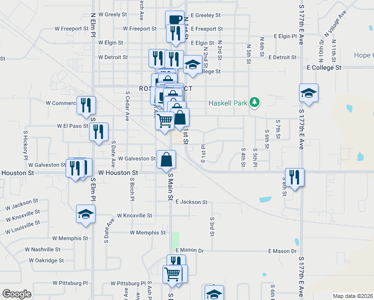 map of restaurants, bars, coffee shops, grocery stores, and more near 115 East Fort Worth Street in Broken Arrow