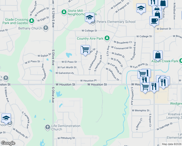 map of restaurants, bars, coffee shops, grocery stores, and more near 616 South Hemlock Avenue in Broken Arrow