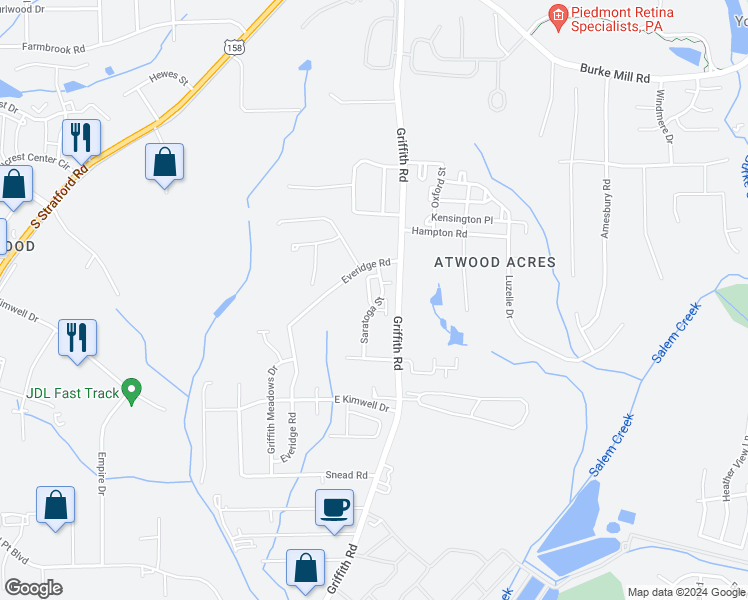 map of restaurants, bars, coffee shops, grocery stores, and more near 2521 Halle Ann Circle in Winston-Salem