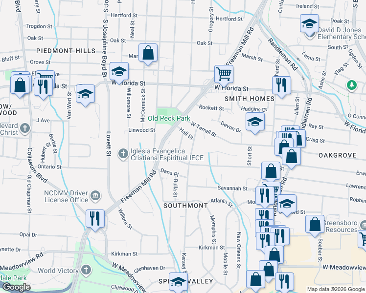 map of restaurants, bars, coffee shops, grocery stores, and more near 2011 Todd Street in Greensboro