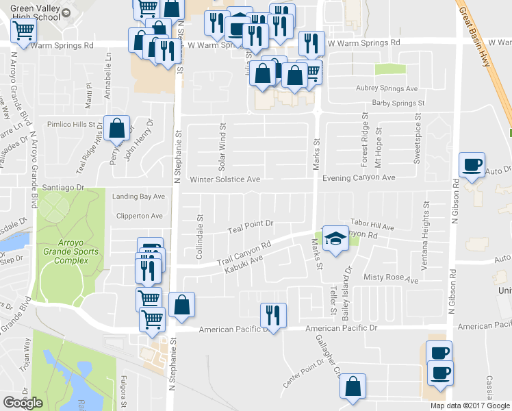 map of restaurants, bars, coffee shops, grocery stores, and more near 265 Autumn Eve Street in Henderson