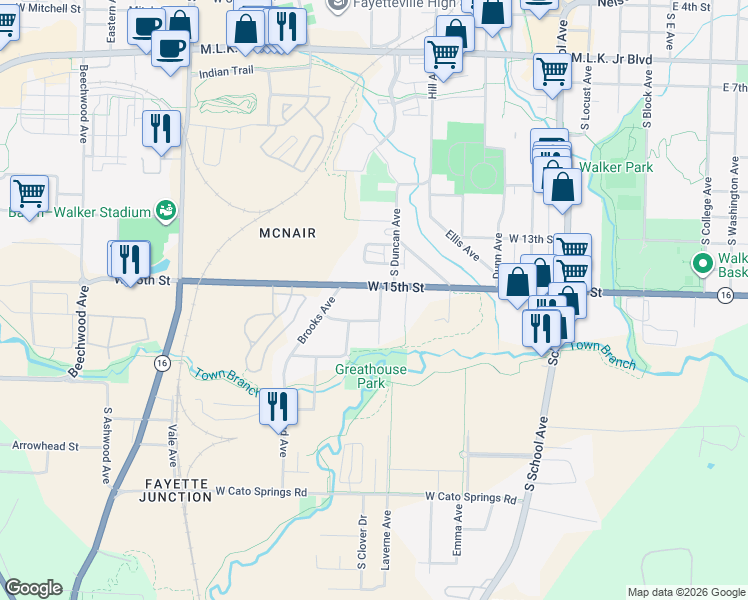 map of restaurants, bars, coffee shops, grocery stores, and more near 875 West 15th Street in Fayetteville