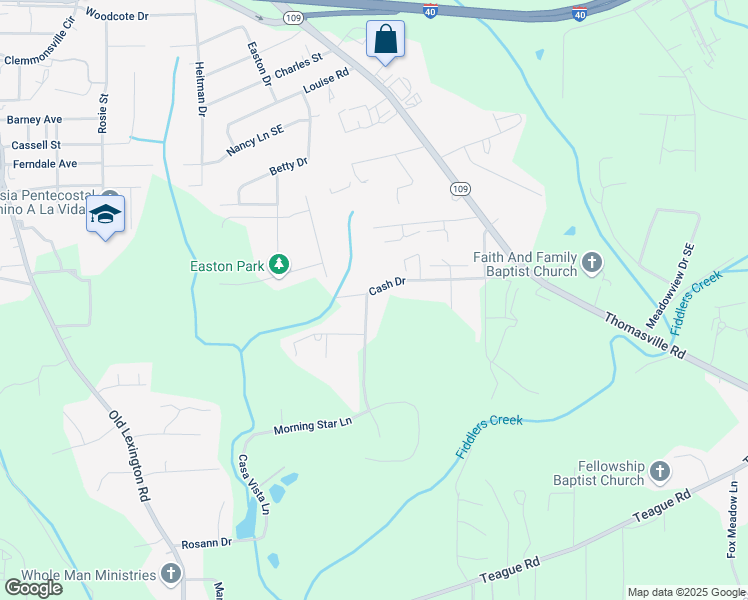 map of restaurants, bars, coffee shops, grocery stores, and more near 3652 Cash Drive in Winston-Salem