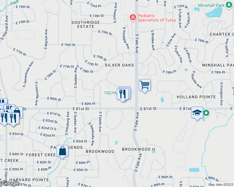 map of restaurants, bars, coffee shops, grocery stores, and more near 15 Country Hollow Apartment in Tulsa