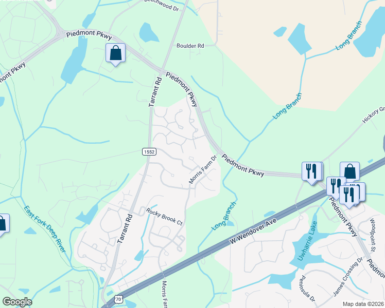 map of restaurants, bars, coffee shops, grocery stores, and more near 4479 Veranda Lake Court in Greensboro