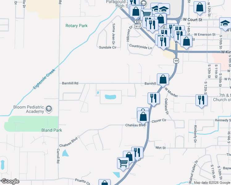 map of restaurants, bars, coffee shops, grocery stores, and more near 2002 Silverwood Drive in Paragould