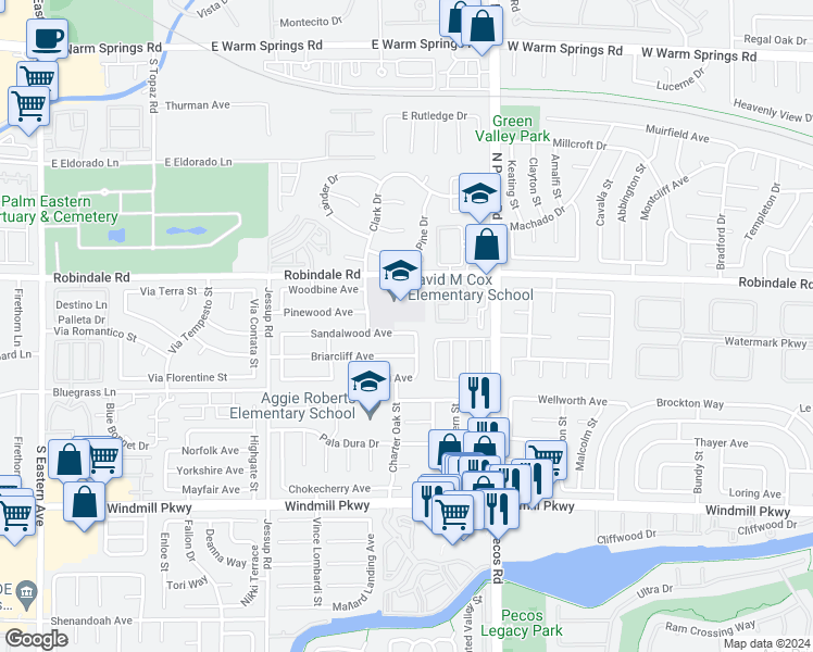 map of restaurants, bars, coffee shops, grocery stores, and more near 2704 Sandalwood Avenue in Henderson