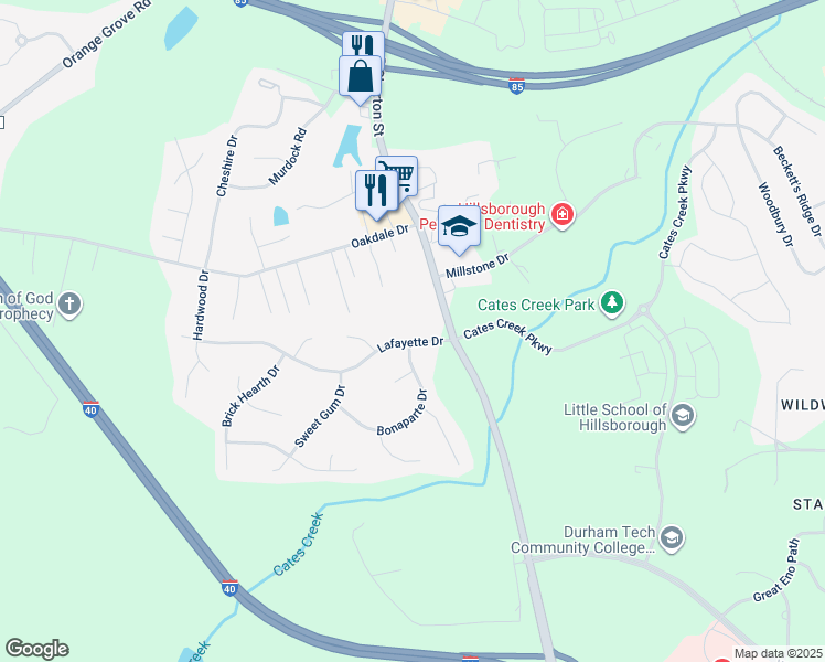 map of restaurants, bars, coffee shops, grocery stores, and more near 103 Lafayette Drive in Hillsborough