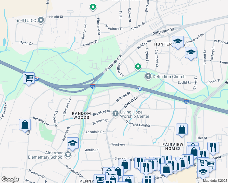 map of restaurants, bars, coffee shops, grocery stores, and more near 1415 Fairfax Road in Greensboro