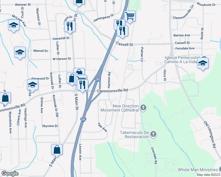map of restaurants, bars, coffee shops, grocery stores, and more near 201 Clemmonsville Road in Winston-Salem