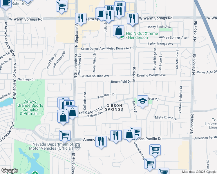 map of restaurants, bars, coffee shops, grocery stores, and more near 265 Autumn Eve Street in Henderson