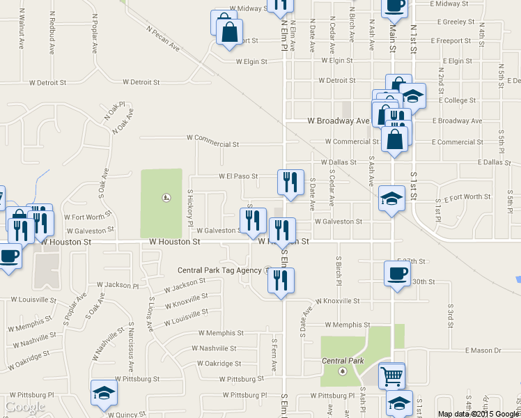 map of restaurants, bars, coffee shops, grocery stores, and more near 402 S Elm Ct in Broken Arrow