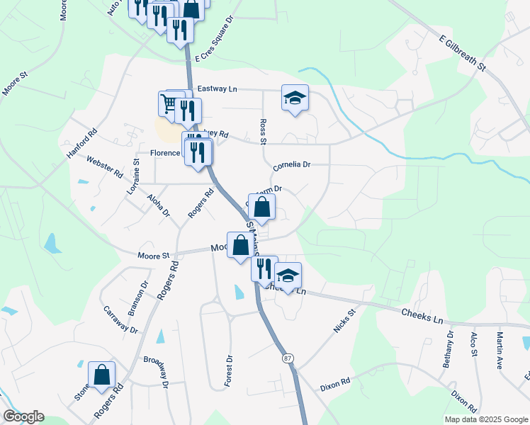 map of restaurants, bars, coffee shops, grocery stores, and more near 105 Southwood Court in Graham