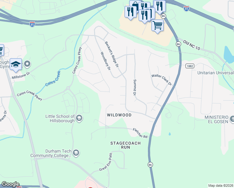 map of restaurants, bars, coffee shops, grocery stores, and more near 901 Savannah Court in Hillsborough