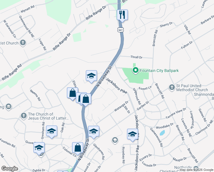 map of restaurants, bars, coffee shops, grocery stores, and more near 5802 North Broadway Street in Knoxville