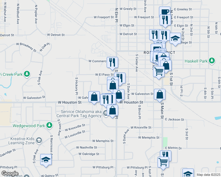 map of restaurants, bars, coffee shops, grocery stores, and more near 401 South Elm Court in Broken Arrow