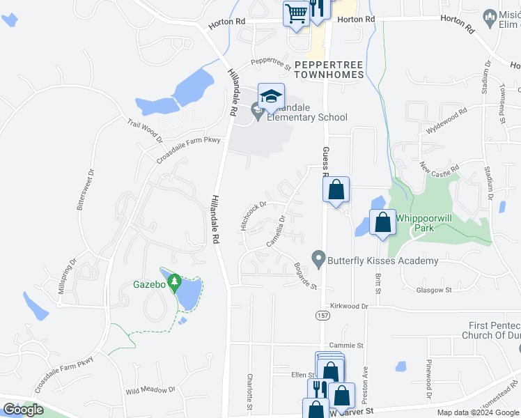 map of restaurants, bars, coffee shops, grocery stores, and more near 2650 Hitchcock Drive in Durham