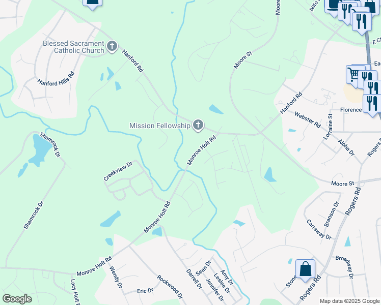 map of restaurants, bars, coffee shops, grocery stores, and more near 613 Monroe Holt Road in Graham