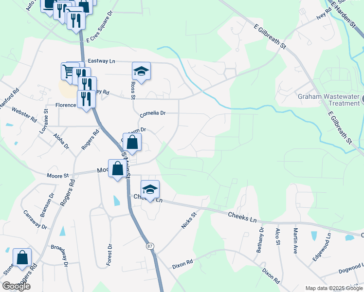 map of restaurants, bars, coffee shops, grocery stores, and more near 414 Old Farm Drive in Graham