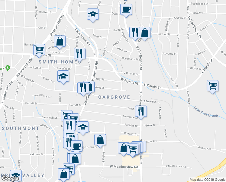 map of restaurants, bars, coffee shops, grocery stores, and more near 215 Craig Street in Greensboro