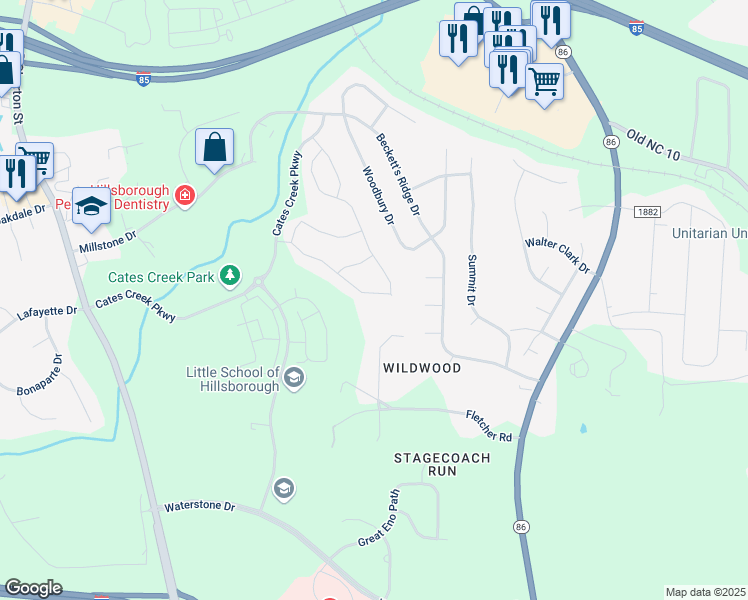 map of restaurants, bars, coffee shops, grocery stores, and more near 356 Papyrus Place in Hillsborough