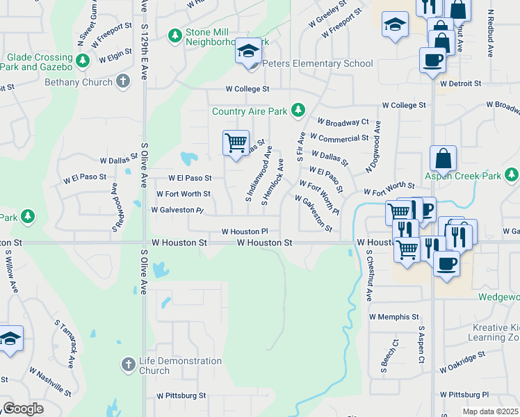 map of restaurants, bars, coffee shops, grocery stores, and more near 616 South Hemlock Avenue in Broken Arrow
