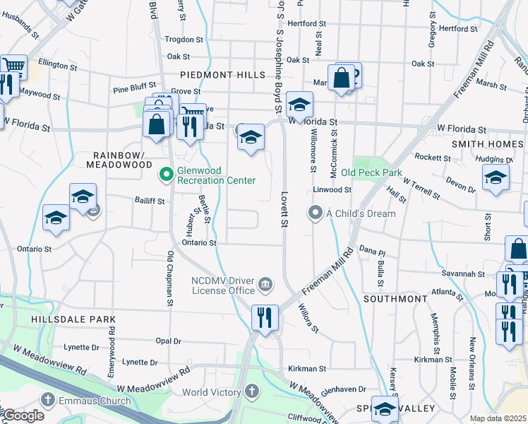 map of restaurants, bars, coffee shops, grocery stores, and more near 2207 Linda Lane in Greensboro