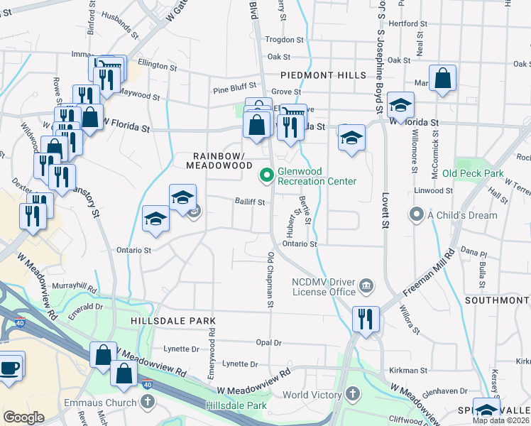 map of restaurants, bars, coffee shops, grocery stores, and more near 2204 Coliseum Blvd in Greensboro