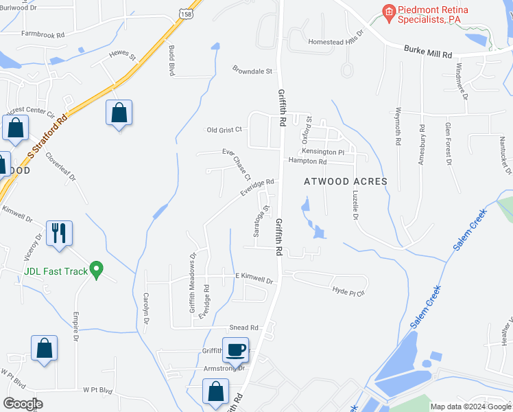 map of restaurants, bars, coffee shops, grocery stores, and more near 2528 Halle Ann Circle in Winston-Salem