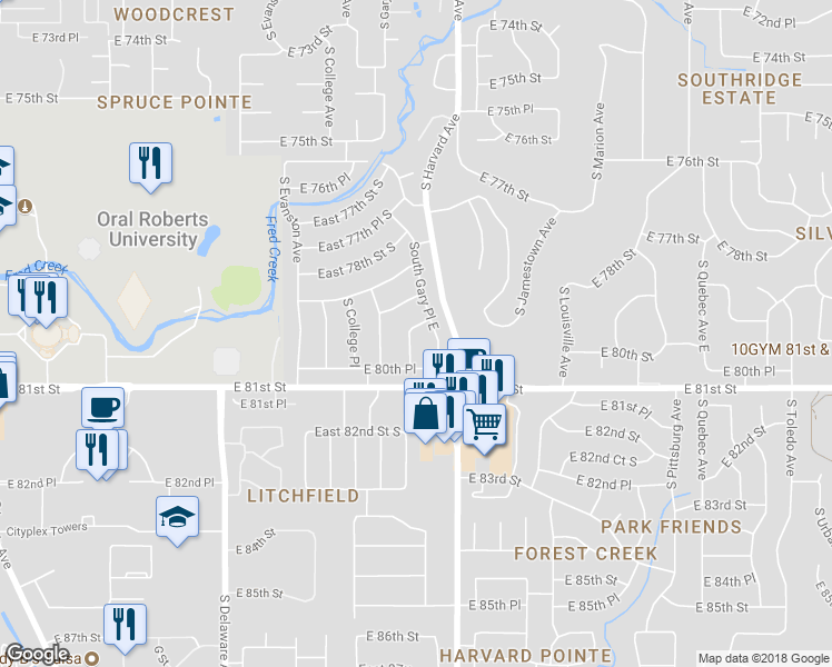 map of restaurants, bars, coffee shops, grocery stores, and more near 8003 South Gary Avenue East in Tulsa