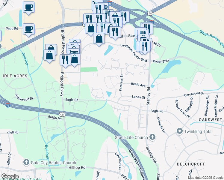 map of restaurants, bars, coffee shops, grocery stores, and more near 211 Malamute Lane in Greensboro