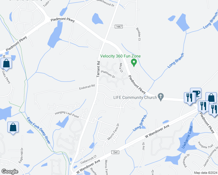 map of restaurants, bars, coffee shops, grocery stores, and more near 4433 Piedmont Trace Drive in Greensboro