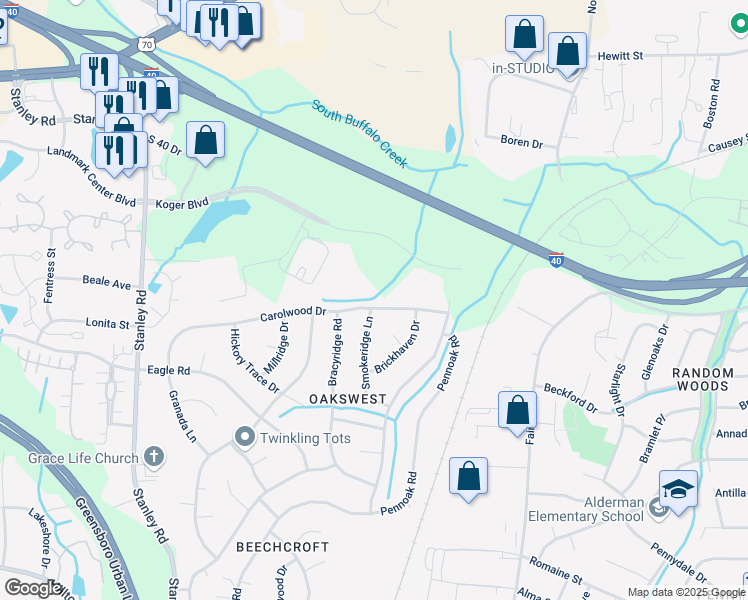 map of restaurants, bars, coffee shops, grocery stores, and more near 4902 Carolwood Drive in Greensboro