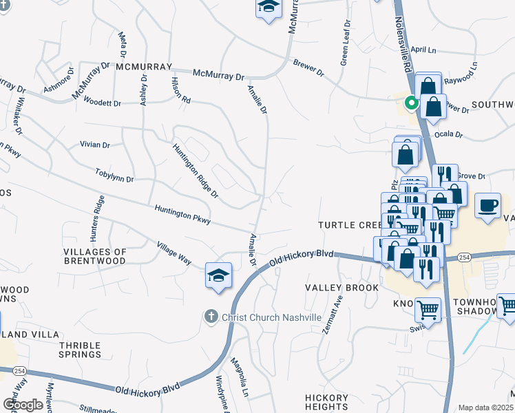 map of restaurants, bars, coffee shops, grocery stores, and more near 5651 Amalie Drive in Nashville
