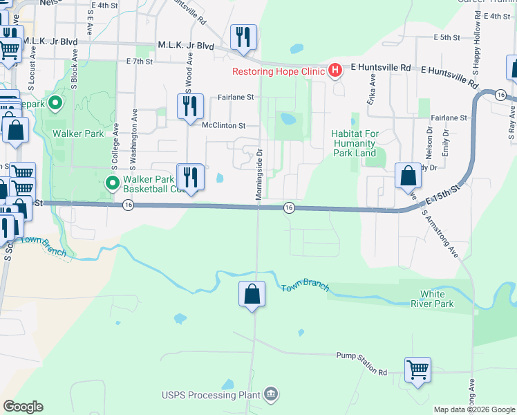 map of restaurants, bars, coffee shops, grocery stores, and more near 1500 Morningside Drive in Fayetteville