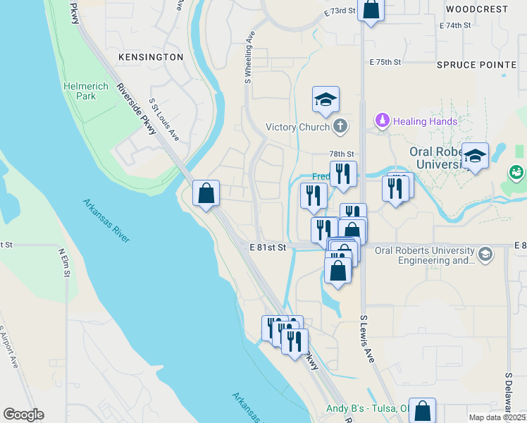 map of restaurants, bars, coffee shops, grocery stores, and more near 8001 South Wheeling Avenue in Tulsa