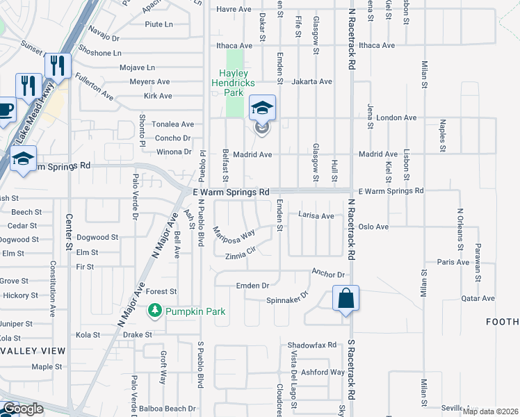 map of restaurants, bars, coffee shops, grocery stores, and more near 265 Dahlia Street in Henderson