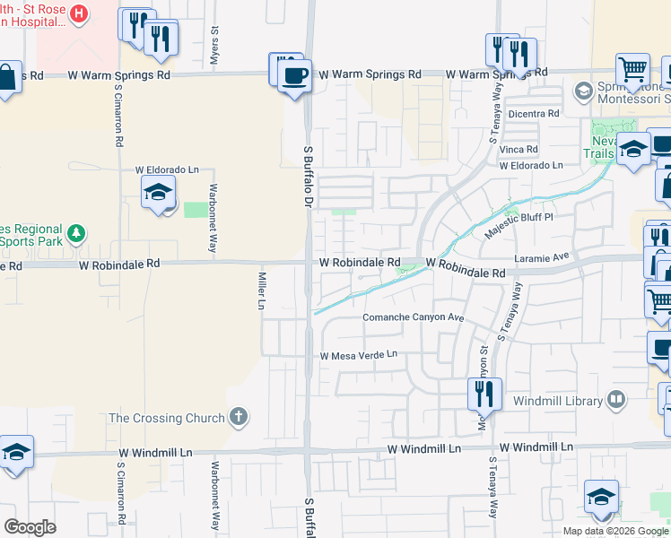 map of restaurants, bars, coffee shops, grocery stores, and more near 268 West Robindale Road in Las Vegas