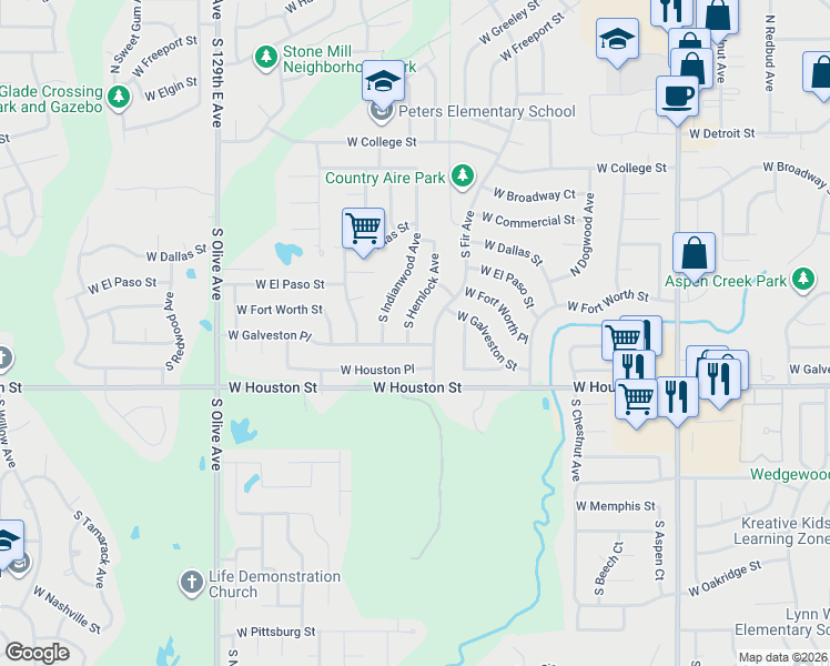 map of restaurants, bars, coffee shops, grocery stores, and more near 616 South Hemlock Avenue in Broken Arrow